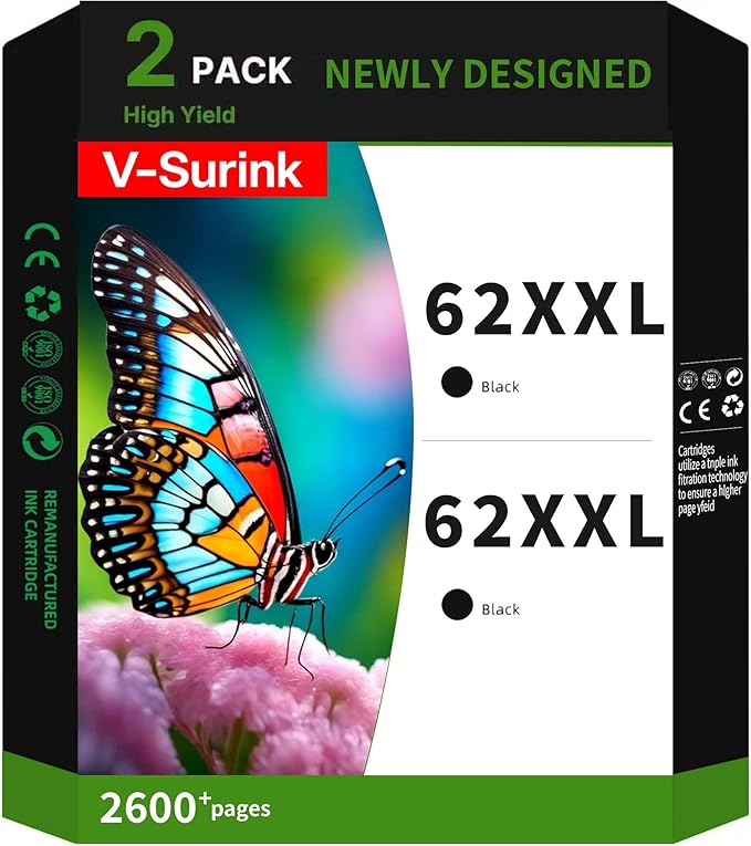 62XXL Black Extra Large Capacity 2600 Pages High Yield Replacement for hp 62xl Ink Cartridge Combo Pack Compatible for Envy 5540 5541 5542 5543 5544 5545 5547 5548 5549 5640 56425643 5644 5660