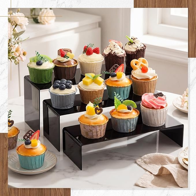 Chuangdi 2 Sets Acrylic Display Risers, Product Stand, Jewelry Display Riser Shelf Showcase Fixtures for Dessert Cupcake Candy Figure Treat Action Showcase (Black,Extra Large Set)