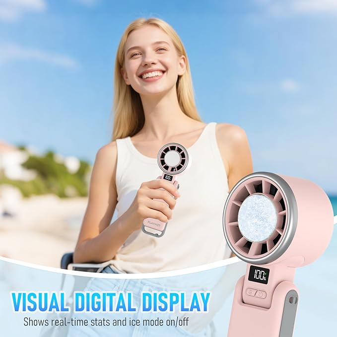 PlayHot Portable Handheld Turbo Fan with Ice Cooling, Rechargeable Personal Fan, Up tp 12Hrs Cooling, 5 Speed 25550RPM Powerful Portable Fan for Travel, Outdoor, Camping, Hiking (Pink)