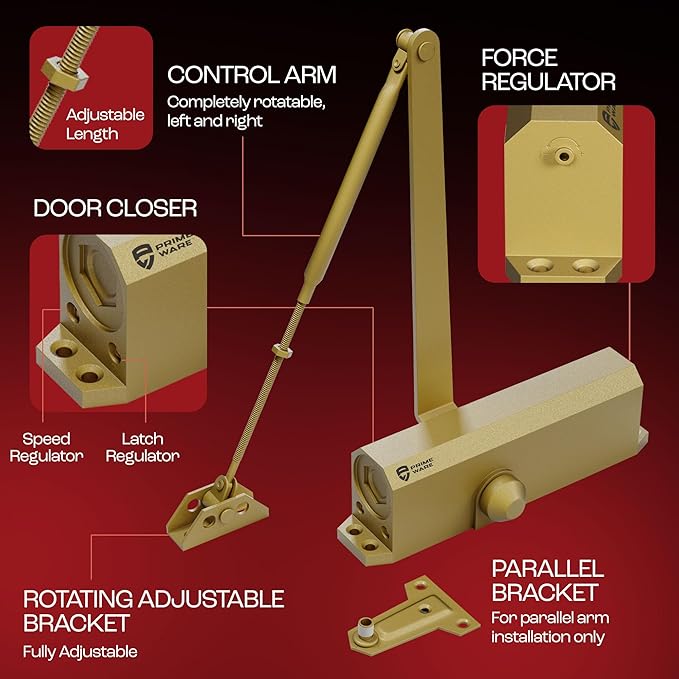 PrimeWare DC-600 Automatic Adjustable Door Closers for Home | Soft Close, No Slam | Residential and Commercial Door Closer | Level 1-6 | for Doors Weighing 30-300 lbs | Hydraulic Door Spring - Gold