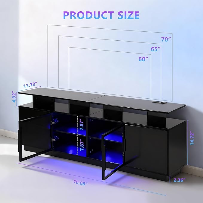 ansefe 70 Inch Black TV Stand with LED Lights, Power Strips, and USB Charging Station for Mobile Phones, Transparent Glass Door Storage Cabinet, Entertainment Center with Large Storage Space