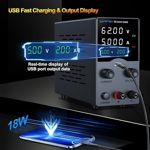 Wanptek DC Power Supply Variable 62V 5A, Bench Power Supplies with Encoder Adjustments Knob, USB Fast Charge Port with Output Current Display, 4-Digit LED Display
