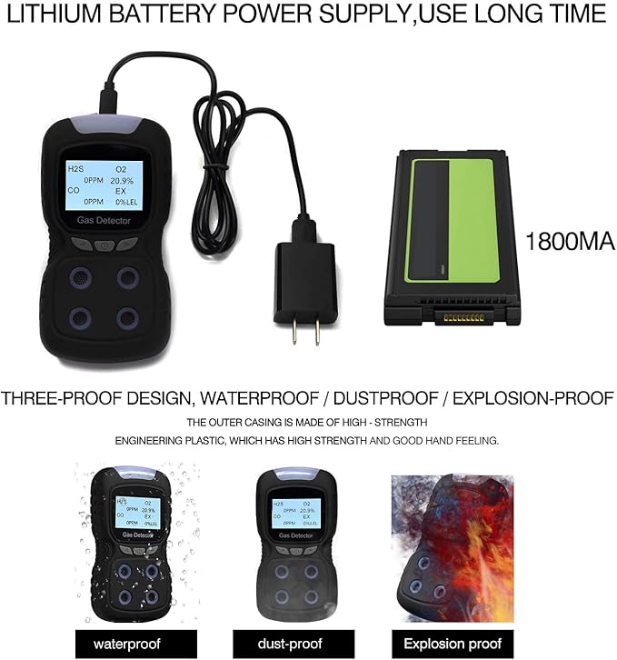 Vzmcov 4 in 1 Gas Detector, Rechargeable Portable 4 in 1 Gas Clip 4-Gas Monitor Meter Tester Analyzer Sound Light Shock