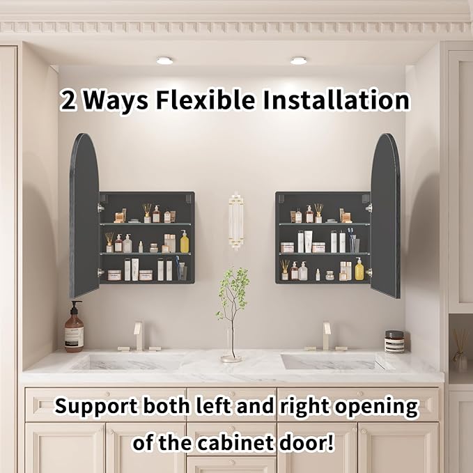 Bathroom Medicine Cabinet with Mirror, Arched Medicine Cabinet Wall Mounted, Modern Vanity Mirror with Storage, Mirrored Cabinet with Adjustable Shelves, Not Recessed, 20x32 Inch,Black