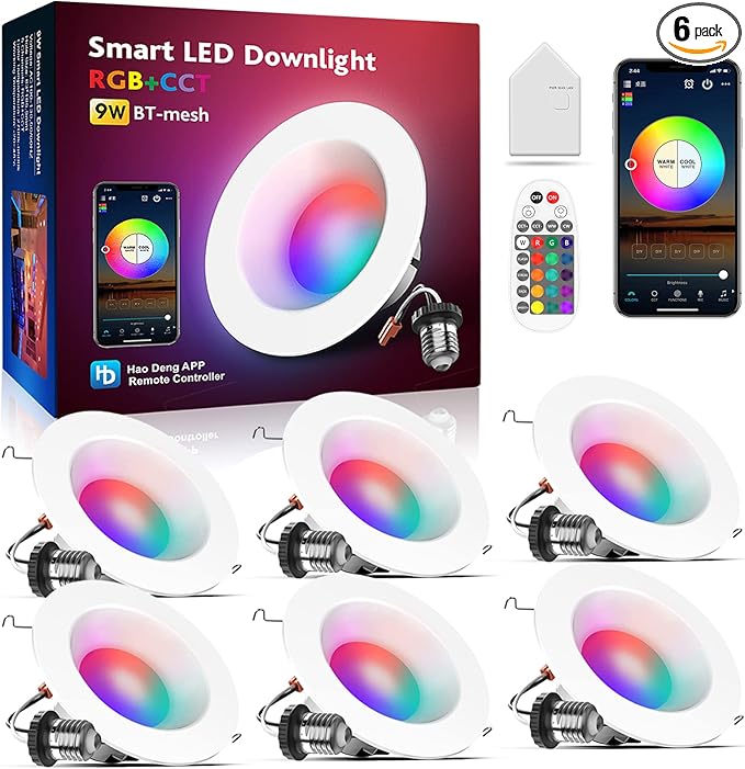 VANANCE Smart Can Light 6 Inch, WiFi & Bluetooth LED Downlight 6Pack, Multicolorred, Dimmeble, 2700K-6500K CCT Selectable, RGBCW Remote LED Recessed Lighting Compatible with Alexa Google Home