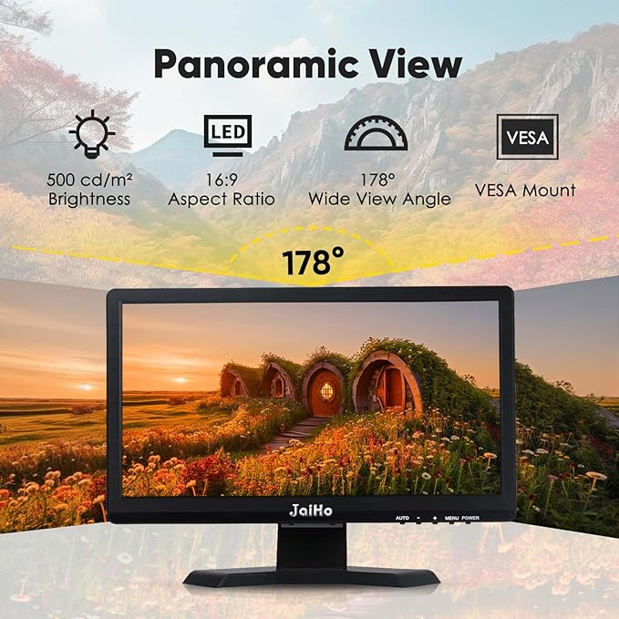 JaiHo 15.6 Inch 60Hz Computer Monitor - 1920×1080P Widescreen Display Screen - 16:9 Office PC Monitor with Multifunctional Input - Gaming Monitor for Gaming CCTV Raspberry Pi PC - VESA Mounting