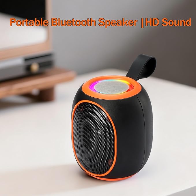 Portable Bluetooth Speaker – 8W HD audio quality, TWS stereo pairing, LED light show, compact and portable, suitable for outdoor use, can be used in cars, travel and parties, a cool teen gift(Orange)