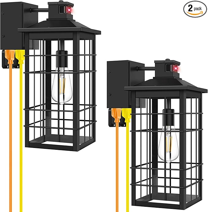 18inch Large Motion Sensor Porch Lights with GFCI Outlets, Dusk to Dawn Black Outdoor Wall Light Fixtures, 3 Modes Exterior Lighting Fixture Waterproof Outside Wall Lantern Sconce for House, 2-Pack