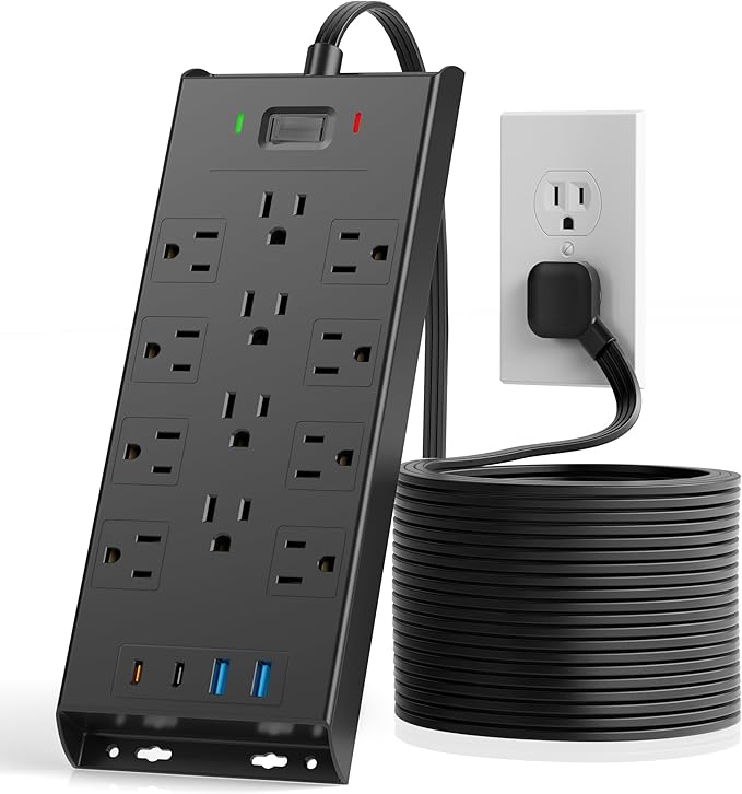 Surge Protector Power Strip 4800J, LeZone 25Ft Long Extension Cord Flat Plug, 12 Outlets 2 USB C 2 USB Ports, Wall Mountable, Desk Charging Station, Black