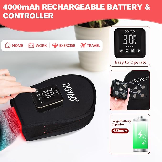 DGQY Cordless Infrared Red Light Gloves for Hand Comfort – 4000mAh Rechargeable Battery, Portable LED Light Mitten Pad Device for Hands, Fingers, Palms Home & Travel Use