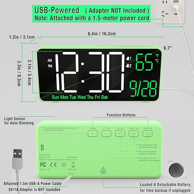 KOSUMOSU Digital Clock for Bedroom, 6.7in Desk Clock, Auto Dimming, Room Temperature, Day of The Week, Date, Seconds, Clocks for Living Room, Alarm Clocks for Bedrooms