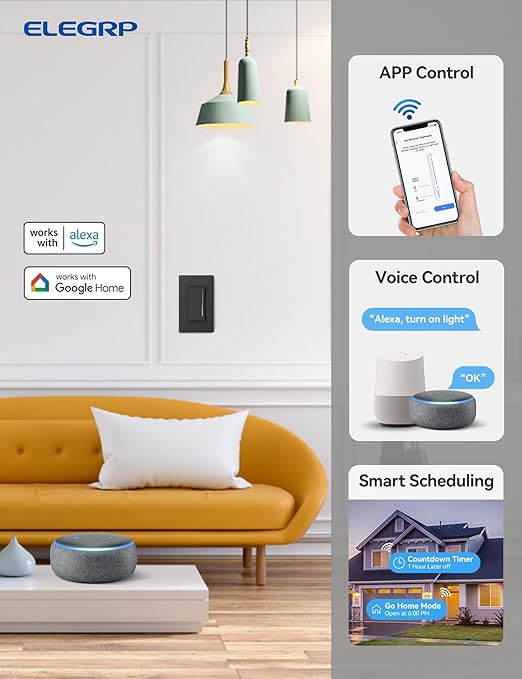 ELEGRP Smart Dimmer Light Switch DTR10, Single Pole Setup, 2.4GHz Wi-Fi Touch Dimmer Compatible with Alexa and Google Assistant, Needs Neutral Wire, No Hub Required, UL&FCC Listed, Black, 10 Pack
