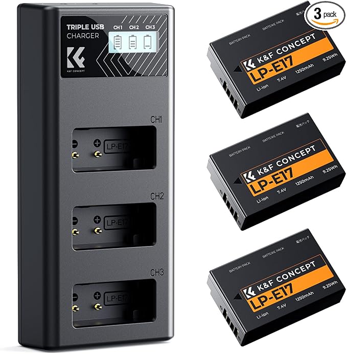 K&F CONCEPT 3-Pack LP-E17 Battery and Upgraded 3-Slot LCD Charger Compatible by KFCONCEPT