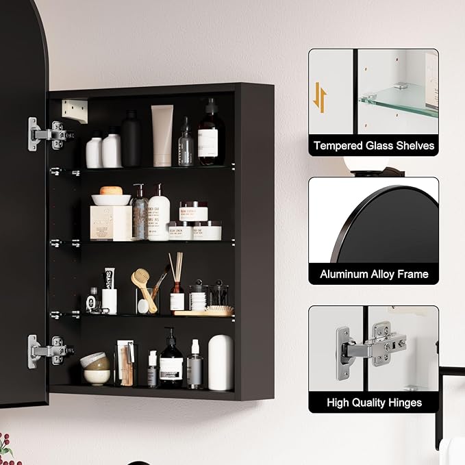 20x36 Black Arched Medicine Cabinet with Mirror, Wall Mounted Only,Arch Brushed Black Medicine Cabinet Surface Mount,Bathroom Mirror Cabinet for Bathroom