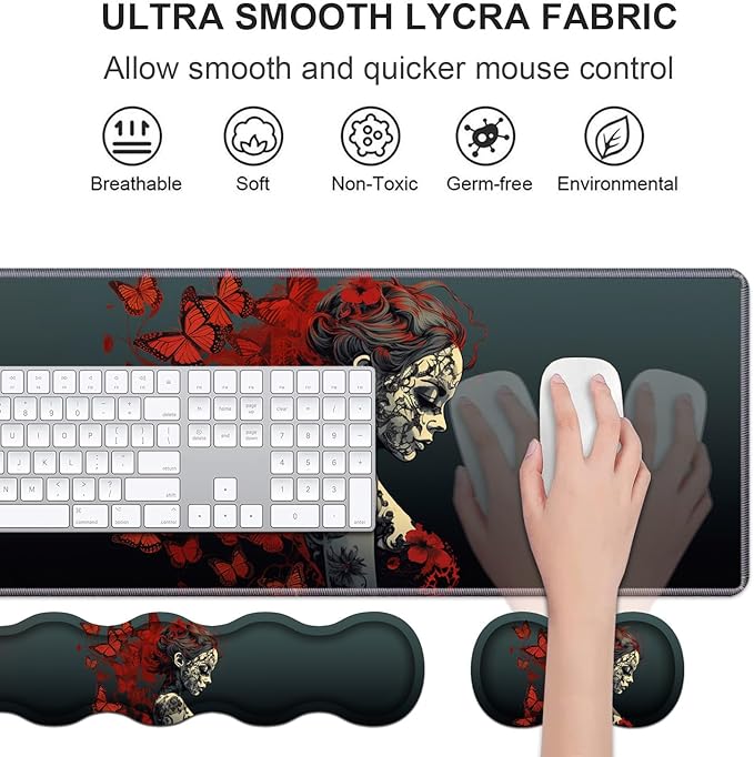 Ergonomic Keyboard Wrist Rest & Mouse Pad Wrist Rest Set, Large Gaming Desk Mat 31.5"x 11.8" with Non-Slip Base, Memory Foam, Easy Typing Pain Relief for Home & Office, Tattooed Girl and Red Butterfly