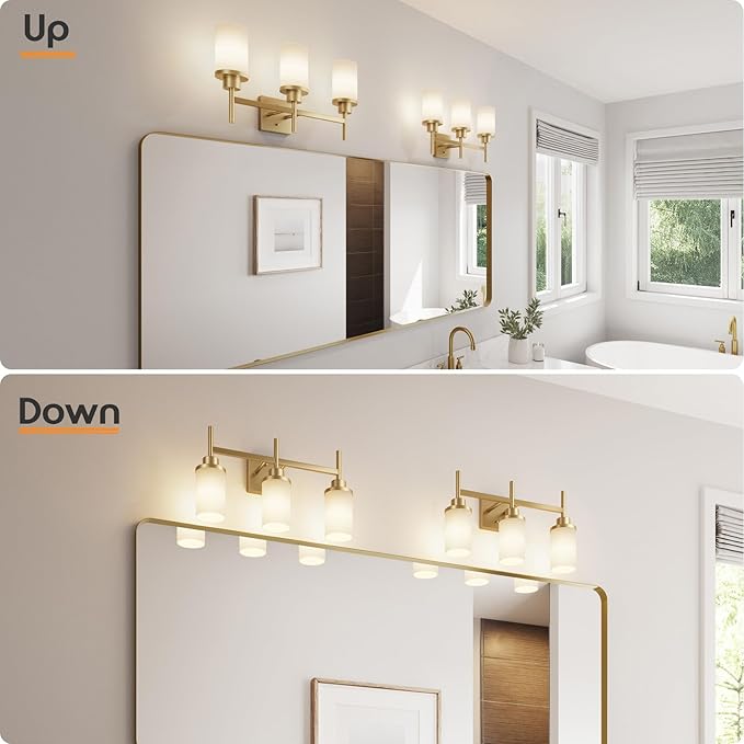 AONEON Bathrom Light Fixtures Modern Gold 3 Vanity Lights Over Mirror, Wall Lamps with White Frosted Glass Shade for Toilet Washroom Bath T001GD-L3