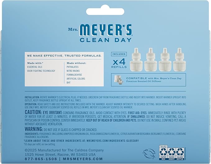 MRS. MEYER'S CLEAN DAY Scented Oil Refills, Rain Water, contains 4 .67 fl oz refills