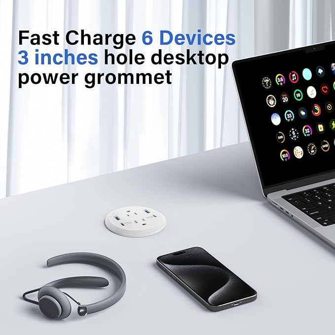 3 inch Desktop Power Grommet USB C,65W Fast Charging Station,Furniture Recessed Power Strip,2 Outlets,4 USB Ports,Flush-Mount for Desktop, Workspace Essential Desk Outlet,2 Pack (White)