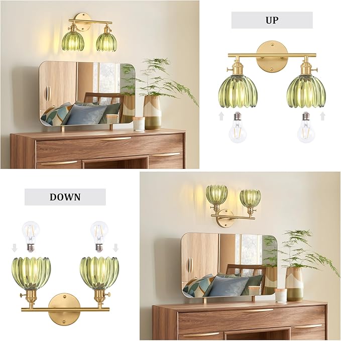 Shenmoyl Bathroom Light Fixtures, 2-Light Brass Vanity Wall Light Over Mirror with Green Tulip Glass Shade for Bedroom Living Room (Bulb Not Included)
