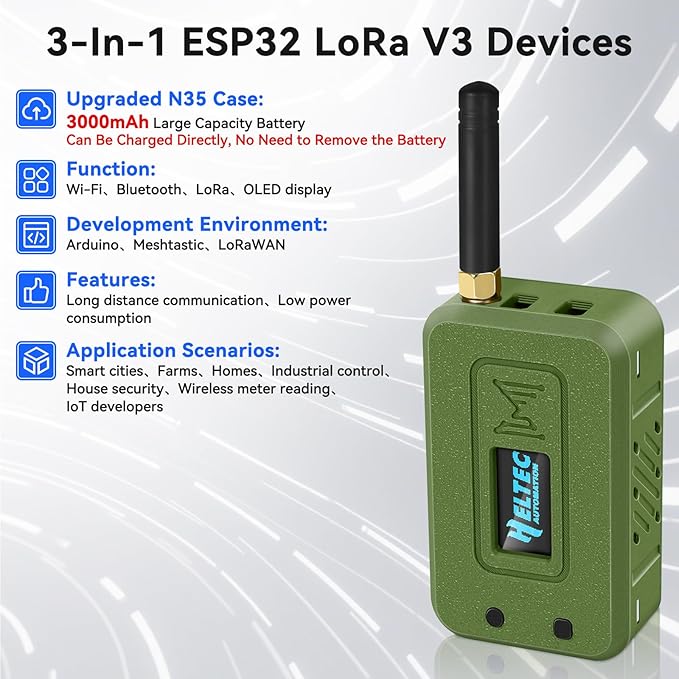 Meshnology 1 Set ESP32 Lo Ra V3 Module Board with 915 MHz Antenna + 3000mAh Battery + Case - WiFi Blue Tooth SX1262 CP2102 0.96” OLED Display Type C for Ar duino Mesh Tastic IOT (N35, Green)