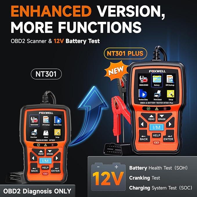 Upgraded of NT301, 2-in-1 FOXWELL NT301 Plus OBD2 Scanner Car Battery Tester, Professional Code Reader Check Engine Diagnostic Scanner Tool, 12V Automotive Cranking Charging Analyzer for 1996+ Vehicle