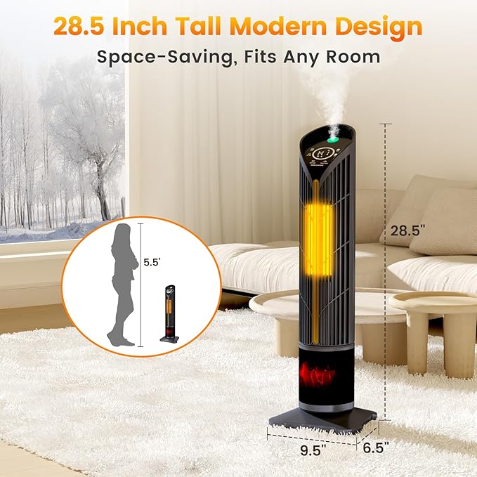 Auertech 28" Space Heater with Humidifier & LED Lights, 3 in 1 Electric Space Heater with 3D Flame, Oscillating Room Heaters with Eco Mode, 12H Timer, Space Heaters for Indoor Use Large Room, Bedroom