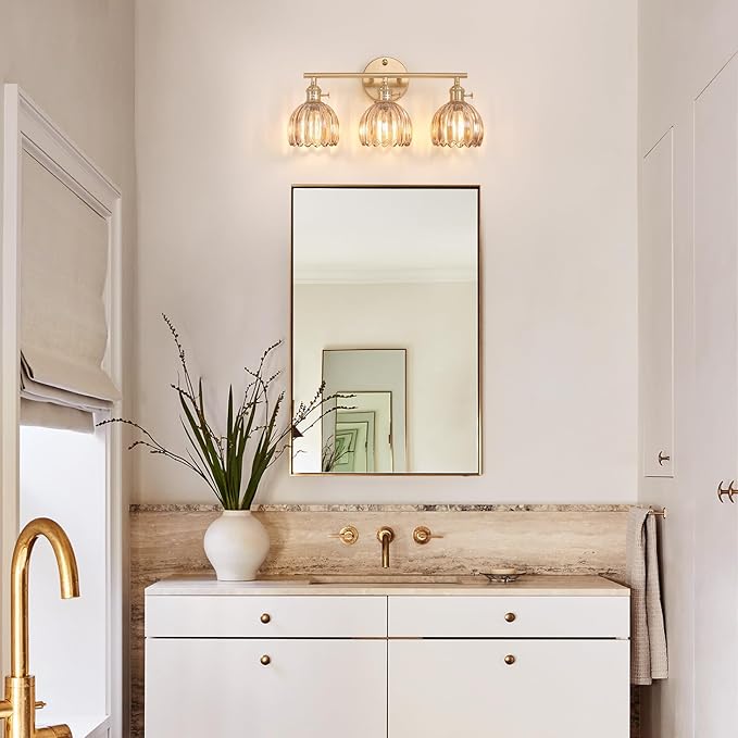 Shenmoyl Bathroom Light Fixtures, 3-Light Brass Vanity Wall Light Over Mirror with Amber Tulip Glass Shade for Bedroom Living Room (Bulb Not Included)