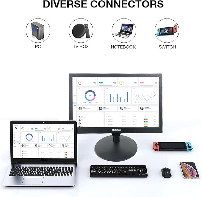 SKitphrati 15.6 Inch Small Computer PC Monitor, 1366x768 Video Screen With HDMI VGA BNC Ports, VESA Mounting, NVR/DVR for Home Office, Built-in Speakers