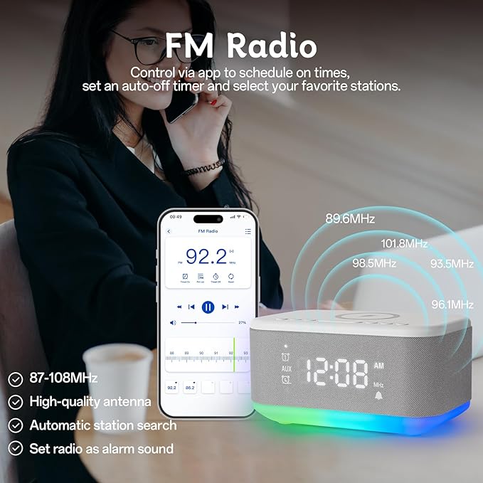 Bluetooth Alarm Clock Radio Bedroom, Digital Dual Alarm Clock Bedroom, Up to 10 Alarms Clock Night Light Speaker App/Button Control FM Charge Snooze Adjustable Brightness Dim 12/24H, Grey