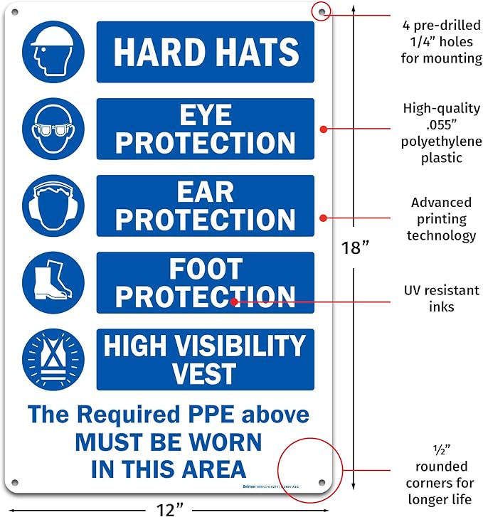 Brimar - 12" x 18" - The Required PPE Must Be Worn Sign - .055″ Polyethylene Plastic - International Mandatory Symbols - Easy Installation