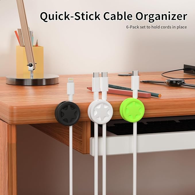 XenovaX 6 Pack Cord Organizer Clips - Desk Cable Management Clips, Cable Holder for Charger Wires, Phone Charger Cord Holder Clips for Desk, Office, Car, Home, Cubicle, Nightstand