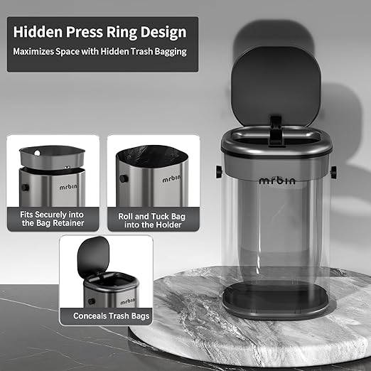 MRBIN Stainless Steel Motion Sensor Tall Bathroom Trash Can with Lid, 5 Gallon Automatic Kitchen Garbage Pail, Electric Covered Silver Metal Waste Basket for Bedroom, Rv, Restroom, Eclipse Grey