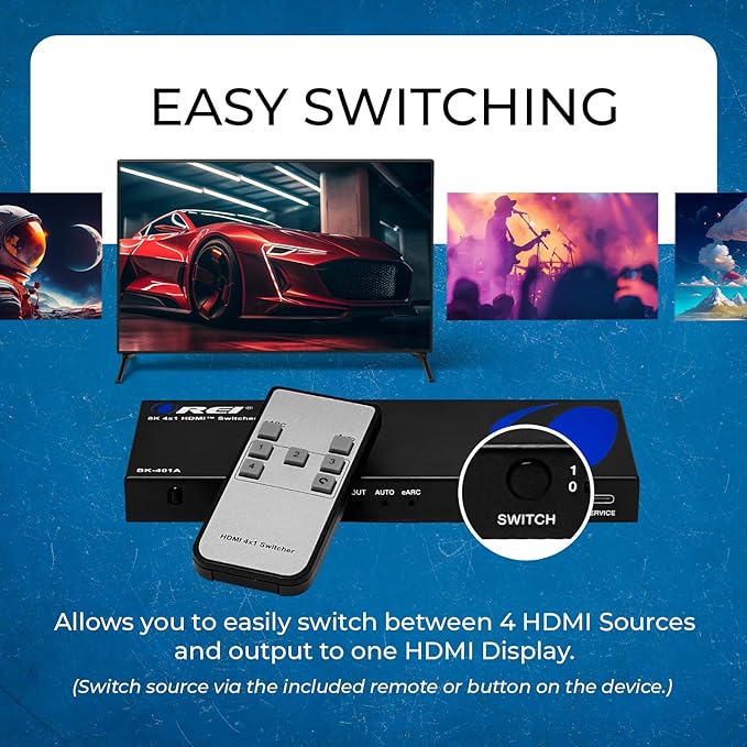 OREI 8K eARC HDMI 2.1 Switch 4x1, Switcher with Audio Extractor UltraHD Supports Upto 4K @ 120Hz PS5, Xbox, Gaming, Remote Contorl IR EDID HDCP 2.3 - Optical Out, L/R Headphones (BK-401ARC)