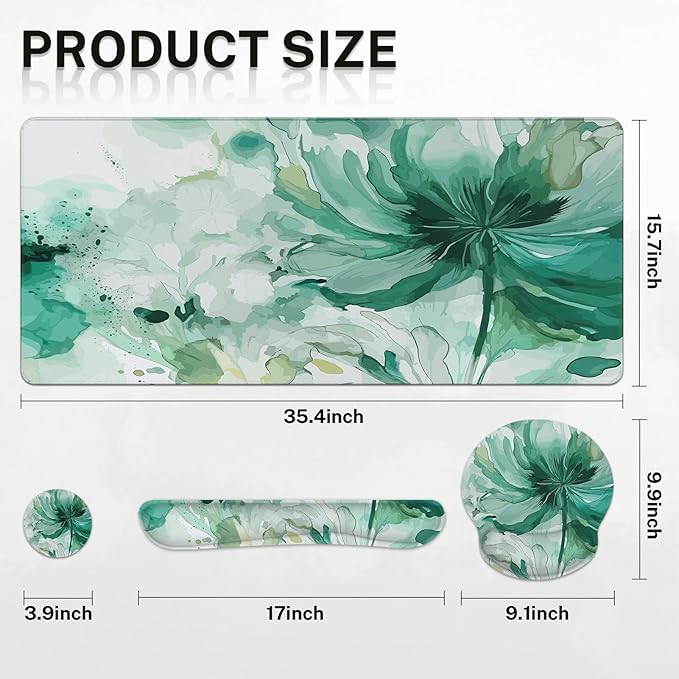 Britimes Colorful Floral Keyboard Mouse Pad Set Flower Green Summer 4in1 Large Mousepad+Keyboard Wrist Rest+Mouse Wrist Rest+Coaster Ergonomic Design for Home Office Computer 35.4x15.7 inches