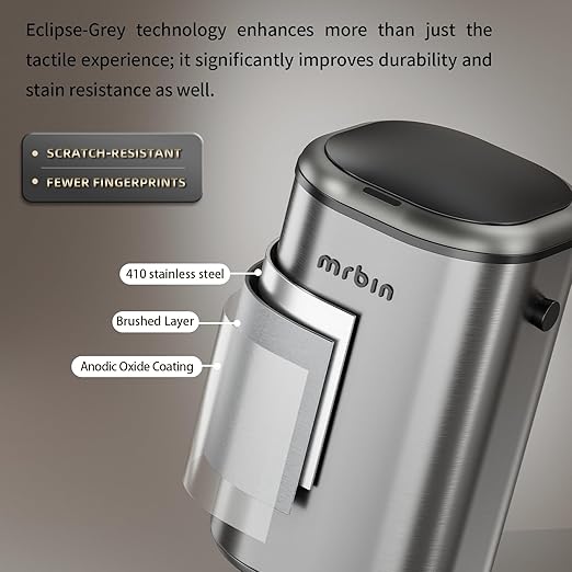 MRBIN Stainless Steel Motion Sensor Tall Bathroom Trash Can with Lid, 5 Gallon Automatic Kitchen Garbage Pail, Electric Covered Silver Metal Waste Basket for Bedroom, Rv, Restroom, Eclipse Grey