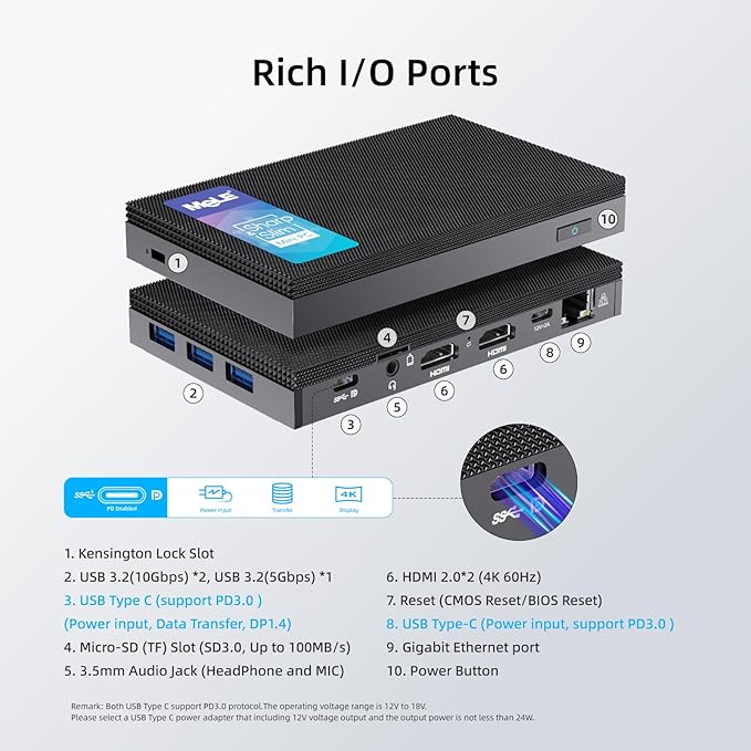 MeLE Quieter3C Fanless Mini PC, Celeron N5105, 8GB RAM, 128GB Storage, Full-Function USB-C, WiFi 5, Support Triple Screen Display, Slim Desktop on Industrial, Home, Office