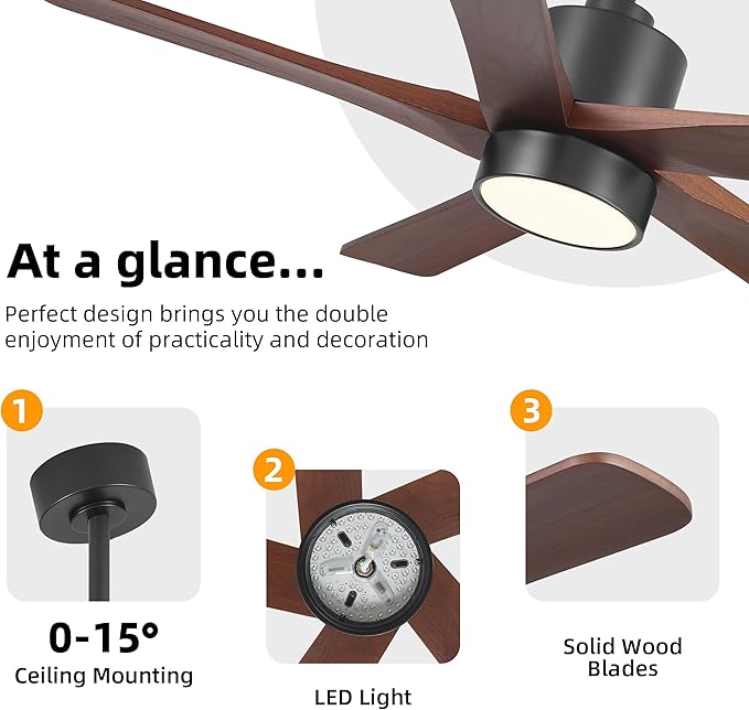 WINGBO 48 Inch DC Ceiling Fan with Lights and Remote Control, 5 Carved Solid Wood Blades, 6-Speed Noiseless Reversible DC Motor, Indoor Ceiling Fan in Matte Black Finish with Walnut Blades