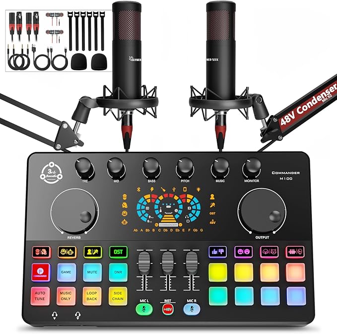 Podcast Equipment Bundle for 2, Audio Interface DJ Mixer with 48V XLR Condenser Microphone, RGB,Voice Change, for Streaming, Podcast Recording,Tiktok,PC, Smartphone COMMANDER M100 3rd