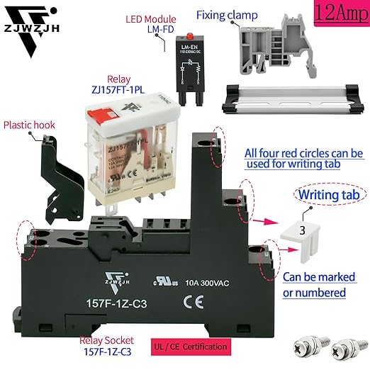 12 Pcs 12Amp Mini Relay Switch DPDT with Test Button 110V/120V AC 1NO 1NC 5Pin Socket Base with Indicator Light UL Certification