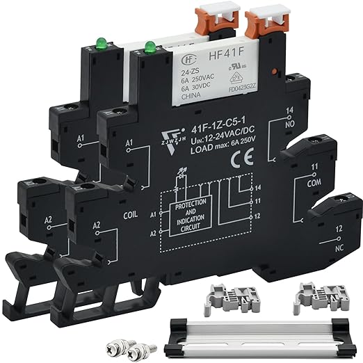 2Pcs Miniature Power Relay Black DC 24V HF41F/24-ZS 5 Pin 1NO 1NC 6A SPDT with LED Indicator with Socket Base 41F-1Z-C5K with DIN Rail Slotted