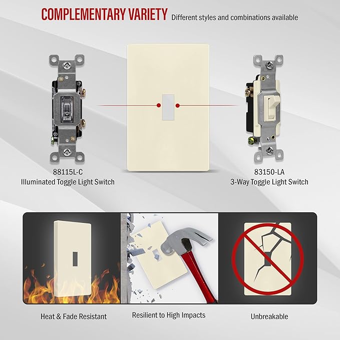 ENERLITES Screwless Toggle Switch Wall Plate, Child Safe Light Switch Cover, Standard Size 1-Gang 4.68" x 2.93", Unbreakable Polycarbonate Thermoplastic, UL Listed, SI8811-LA, Glossy, Light Almond