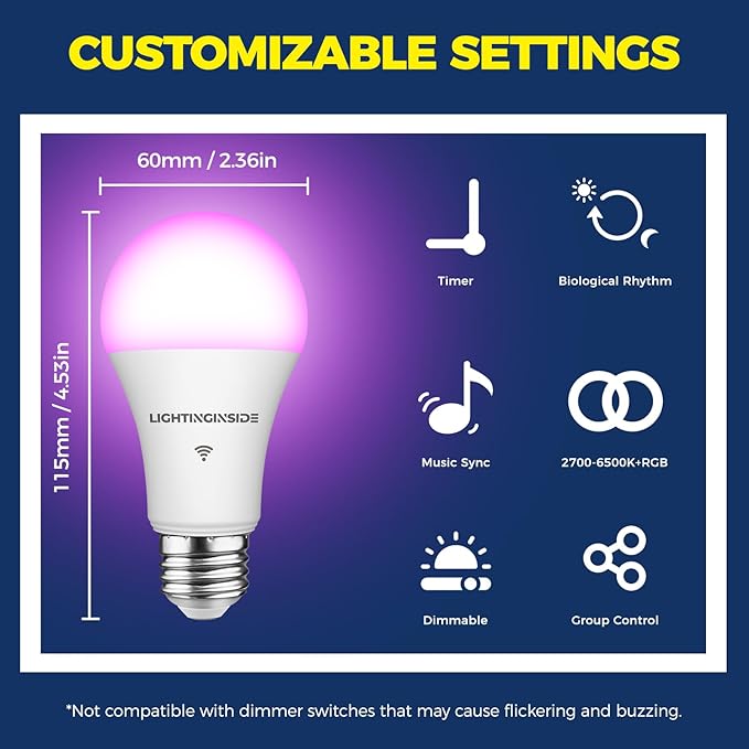 Lightinginside Smart Light Bulbs 100W Equiv., 1350LM 11W Smart Bulb Works with Alexa/Google Home/Smart Life, A19 E26 RGBCW Color Changing, No Hub Required, 2.4G WiFi Bluetooth Bulb, ETL Listed, 2PCS