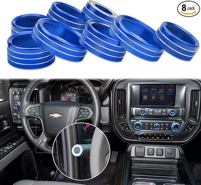 Kujunpao Radio Fan Climate Auto Menu Knob Control Button Trim Center Console Knob Cover Decor Fit for 2014-2018 Chevy Silverado & GMC Sierra Accessories 8pcs(Blue)