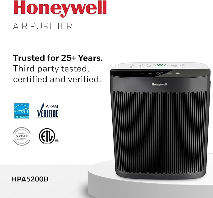 Honeywell HEPA Air Purifier for Home, 1733 Ft² Rooms in 1 hour, Air Quality Indicator, Auto Mode, Reduces Allergens, Dust, Pollen, Smoke, Pet Dander, Odors, Black, HPA5200