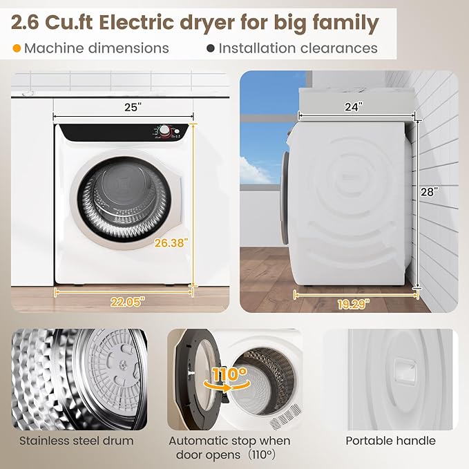 VCJ 2.6 cu.ft Portable Dryer, 1400W Electric Clothes Dryer with 5 Drying Modes & Stainless Steel Tub, Front Load Compact Dryer for Home, Apartment, Dorms
