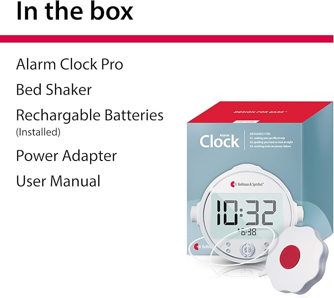 Bellman & Symfon Vibrating Alarm Clock Pro with Bed Shaker - Loud Alarm, Flashing LED Night Lights for Heavy Sleepers, Hard of Hearing and Deaf People - Alarm Clocks for Bedrooms with Backup Batteries