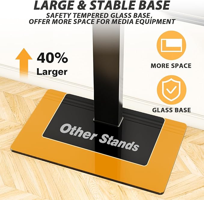 TAVR Universal Floor TV Stand Base for 32-75 Inch TVs up to 110 Lbs with Swivel Height Adjustable Mount, Black Tempered Glass Base for Media Storage and Space Saving