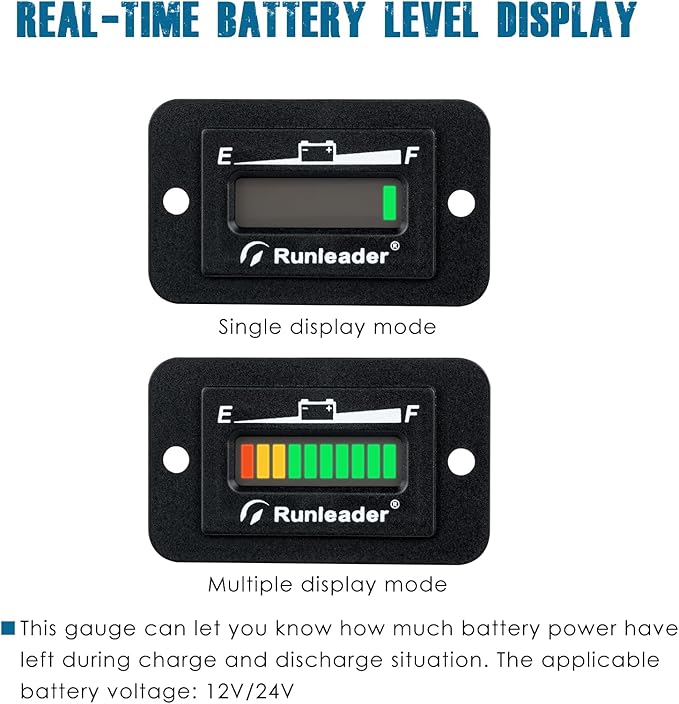 Runleader LED Battery Level Monitor,Volt.12V/24V,Charge and Discharge Display- Only Suitable for Lead Acid Battery,Works on Golf Club Car Left Fork Scrubber RV Travel Trailer Go-Kart.