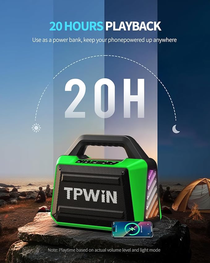 TPWIN Bluetooth Speaker - 80W Loud Rugged Outdoor Speakers, IPX6 Waterproof, 20H Playtime, Deep Bass, Lightshow, TWS, BT 5.3 Wireless, Portable for Travel Hiking Camping Beach Pool - Green