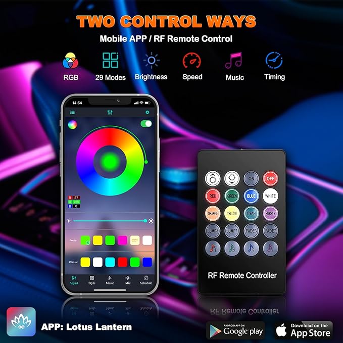Jushope Car LED Strip Lights, USB Interior Ambient Lighting Kits with Wireless APP and RF Remote Control, 16 Million Colors Music Mode Car Decoration Lights with 315 inches 3.0mm Fiber Optic (6 in 1)